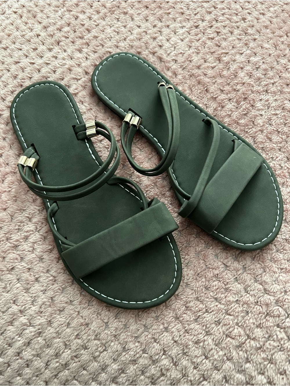 SHEIN Olive Green Double-Strap Slide Sandals with Gold Accents